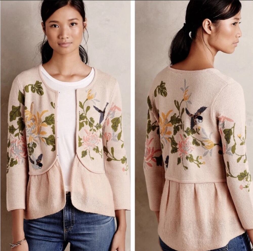 Anthropologie MOTH Embroidered Cardigan Pink Bird Floral Embroidered Peplum Sz S